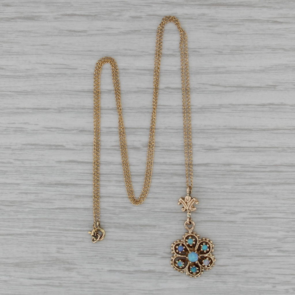 Vintage Opal Flower Pendant Necklace 14k Gold 18" Curb Chain