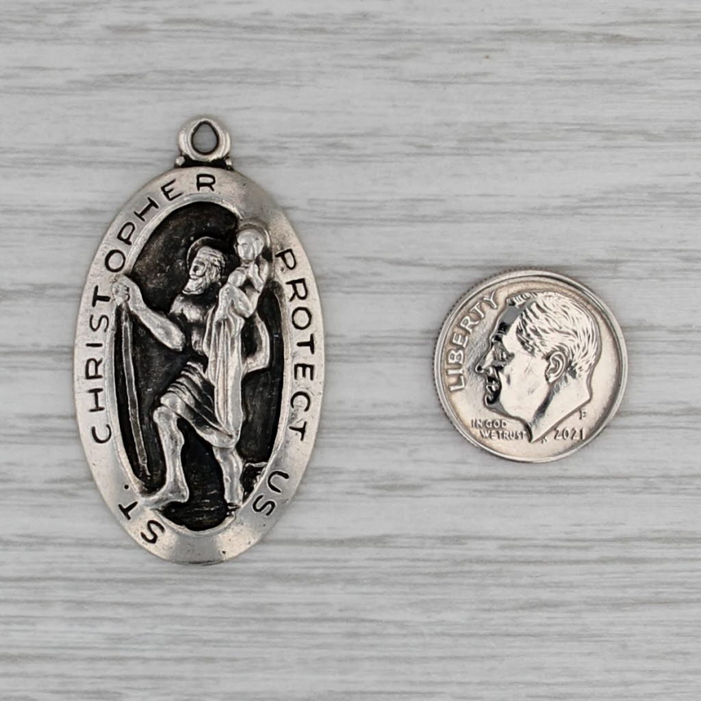 St Christopher Protect Us Pendant Medallion Token Sterling Silver Vintage