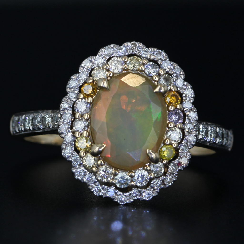 Black Colorful Opal Diamond Halo Ring 14k Yellow Gold Size 8.25