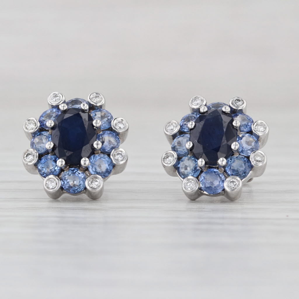Blue Sapphire Diamond Stud Earrings 14k White Gold Studs