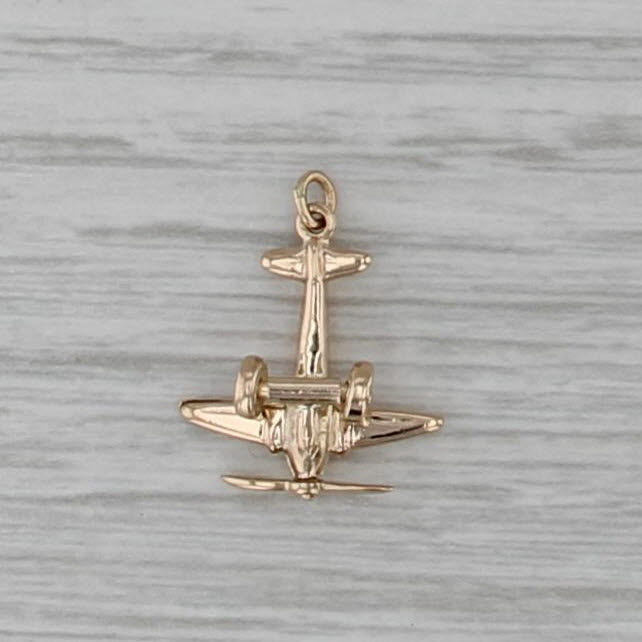 Small Airplane Charm 14k Yellow Gold Propeller Spins 3D Pendant