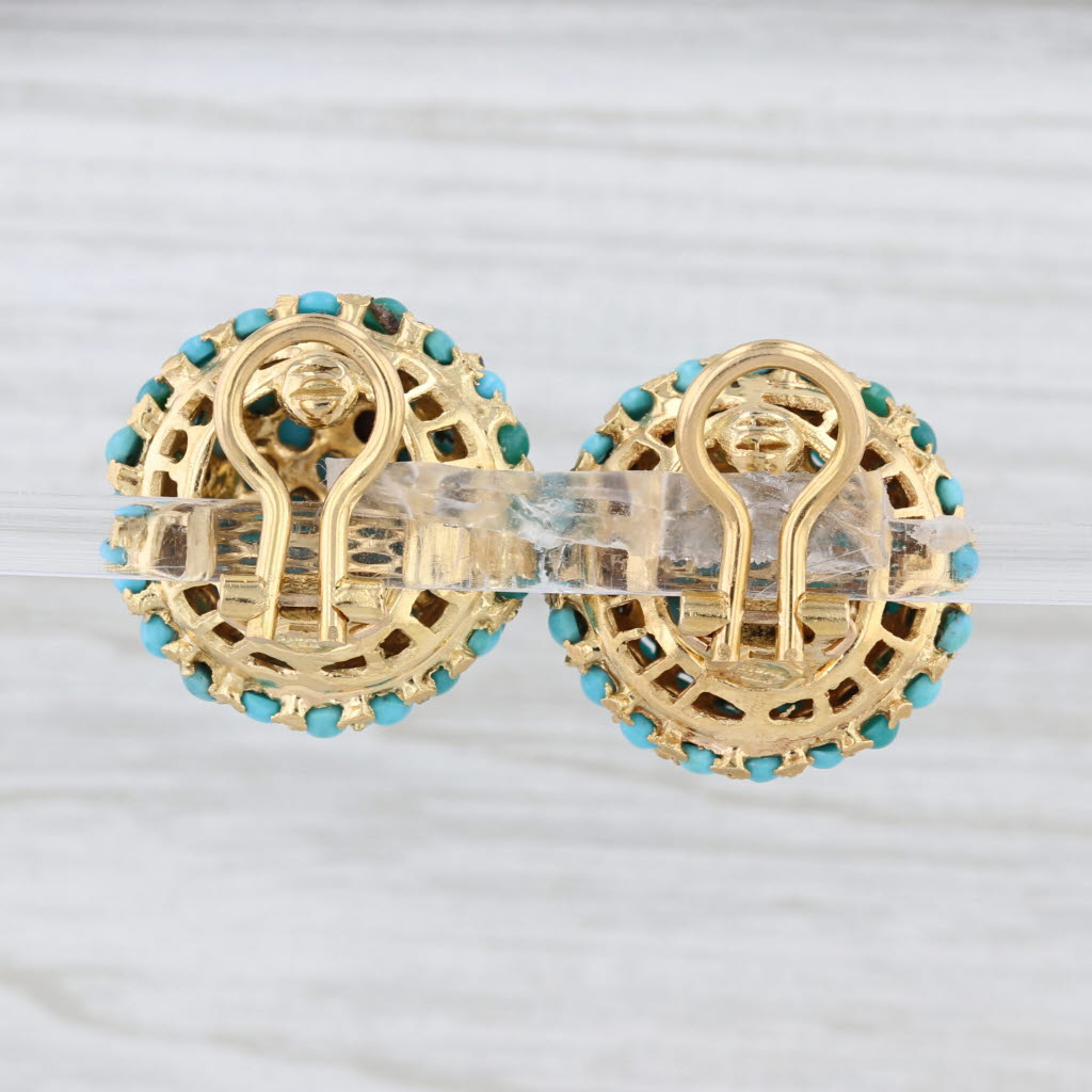 Vintage Turquoise Bead Cluster Button Stud Earrings 18k Yellow Gold Clip On