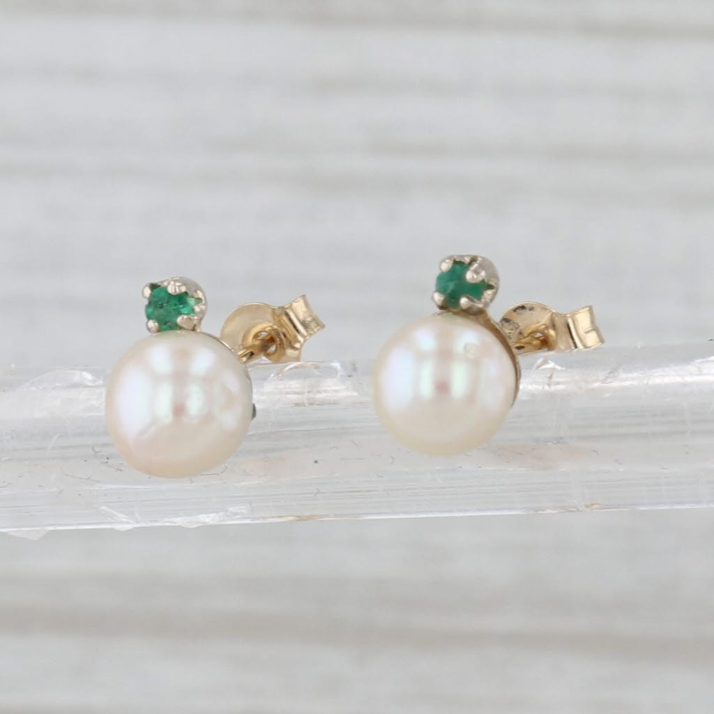 Saltwater Cultured Pearl Emerald Stud Earrings 14k Yellow Gold Studs