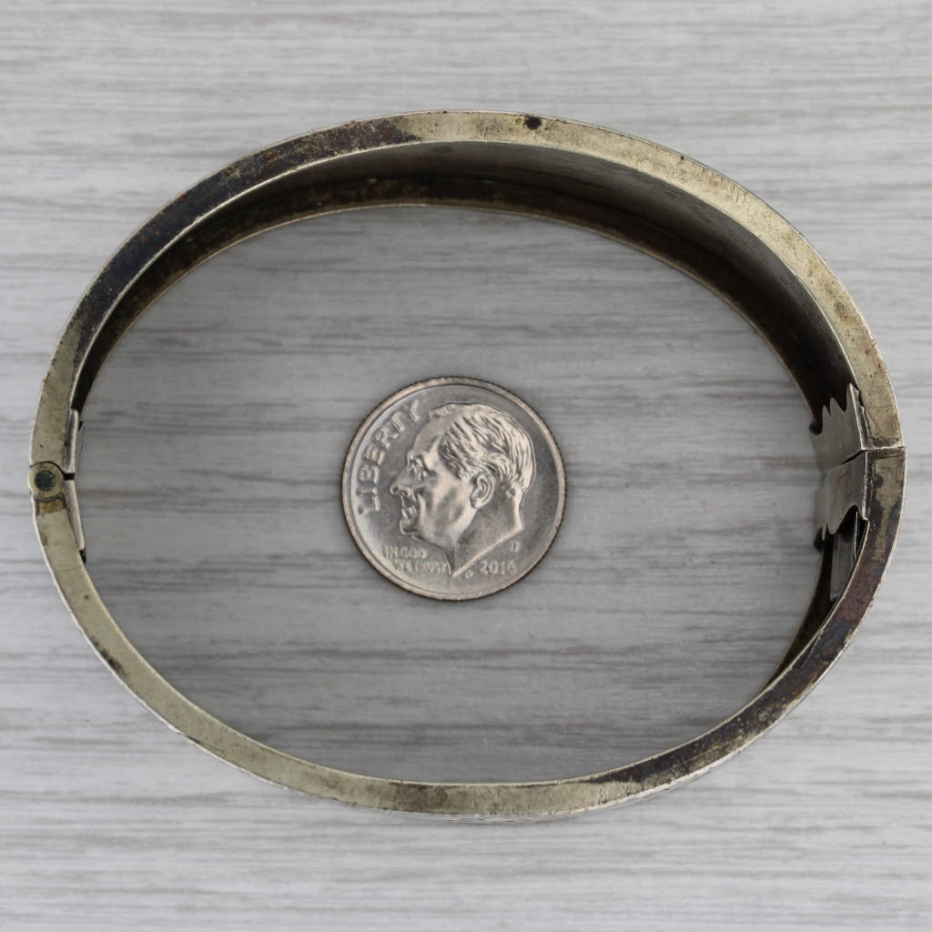 Dark Gray Vintage Floral Etched Bangle Bracelet Silver Wide Band 6.5" 31.3mm