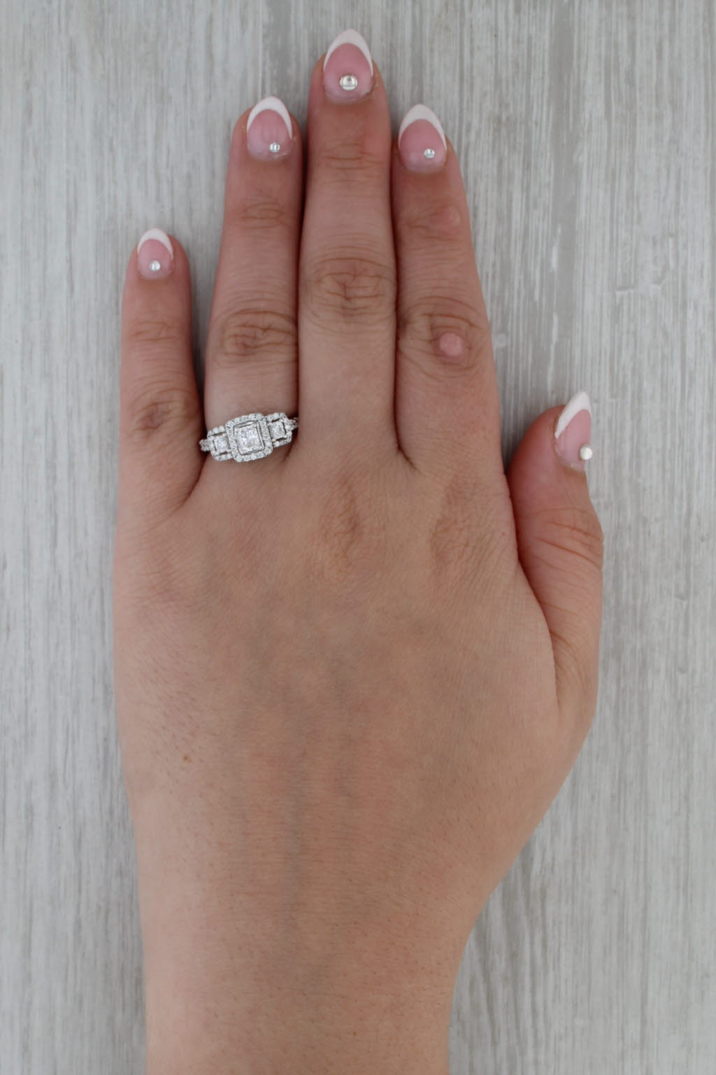 0.76ctw Diamond Emerald Cut Halo 3-Stone Engagement Ring 14k White Gold Size 6.5
