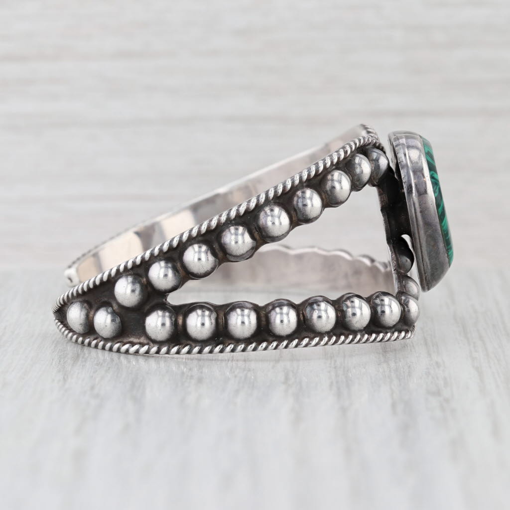 Vintage Southwestern Green Resin Heart Sterling Silver Cuff Bracelet