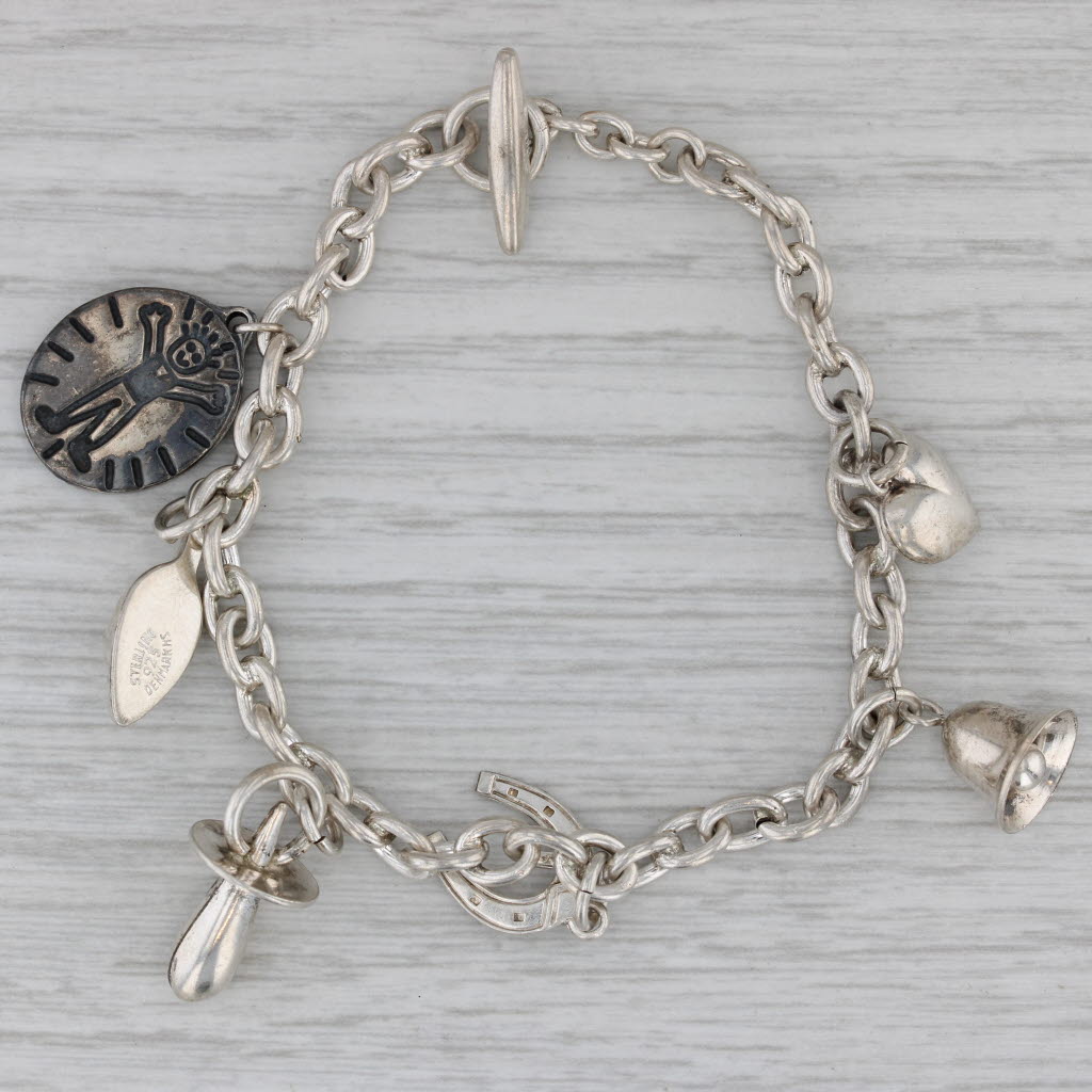 Gray Cable Chain Charm Bracelet Sterling Silver Heart Bell Pacifier Mice 6.5"