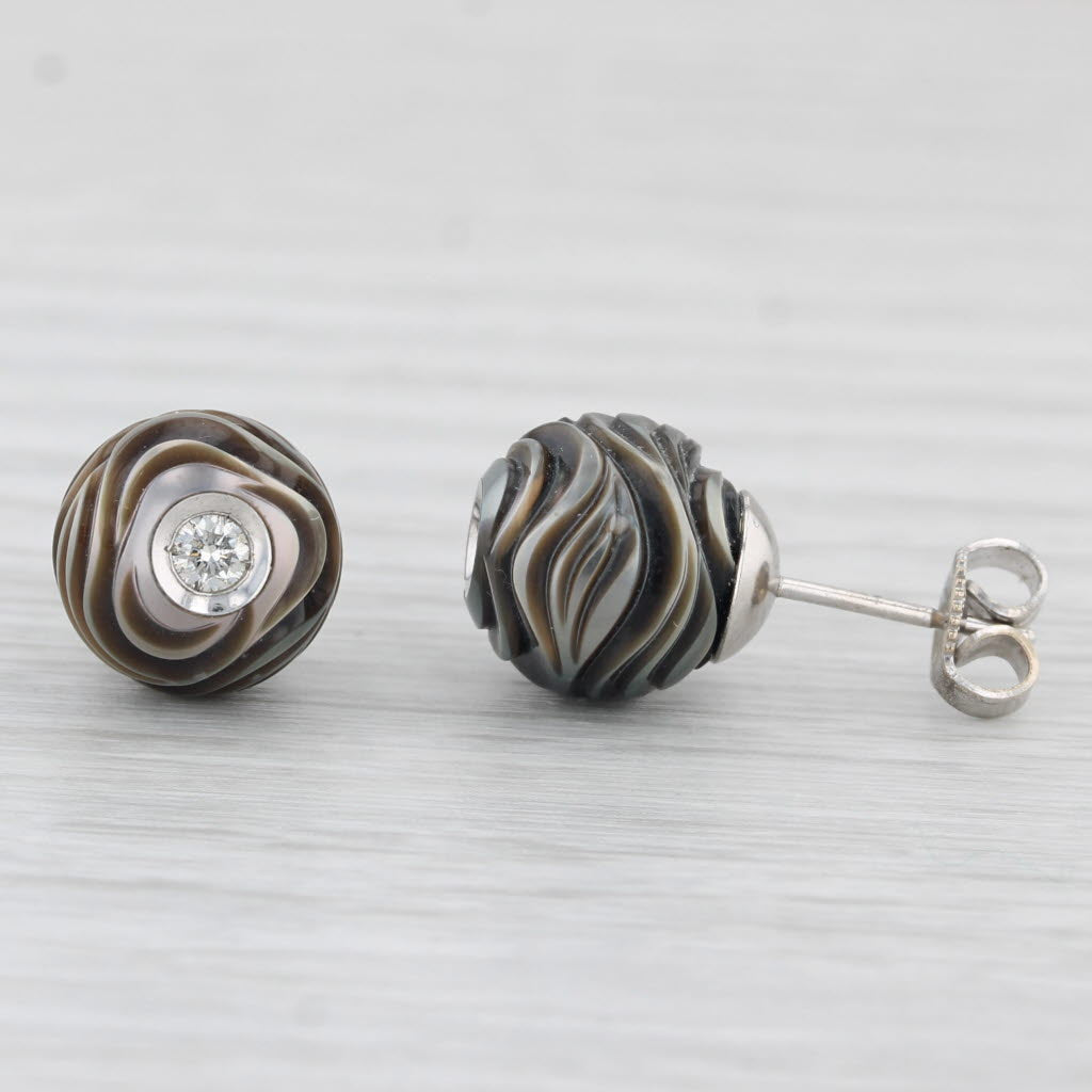Light Gray New Cultured Black Pearl Flower Diamond Stud Earrings 14k Gold Galatea