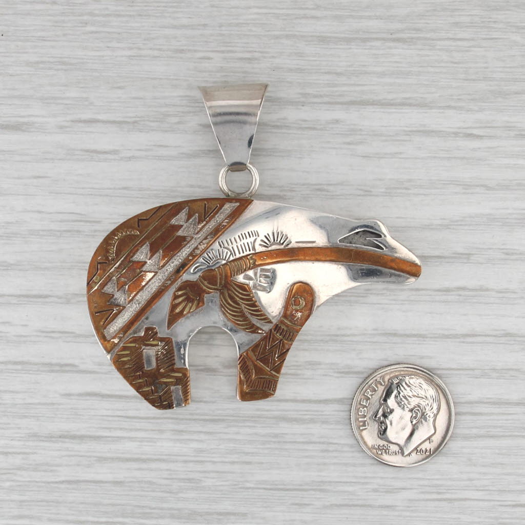 Vintage Navajo Bear Pendant Sterling Silver Copper Tribal Accents Signed HT