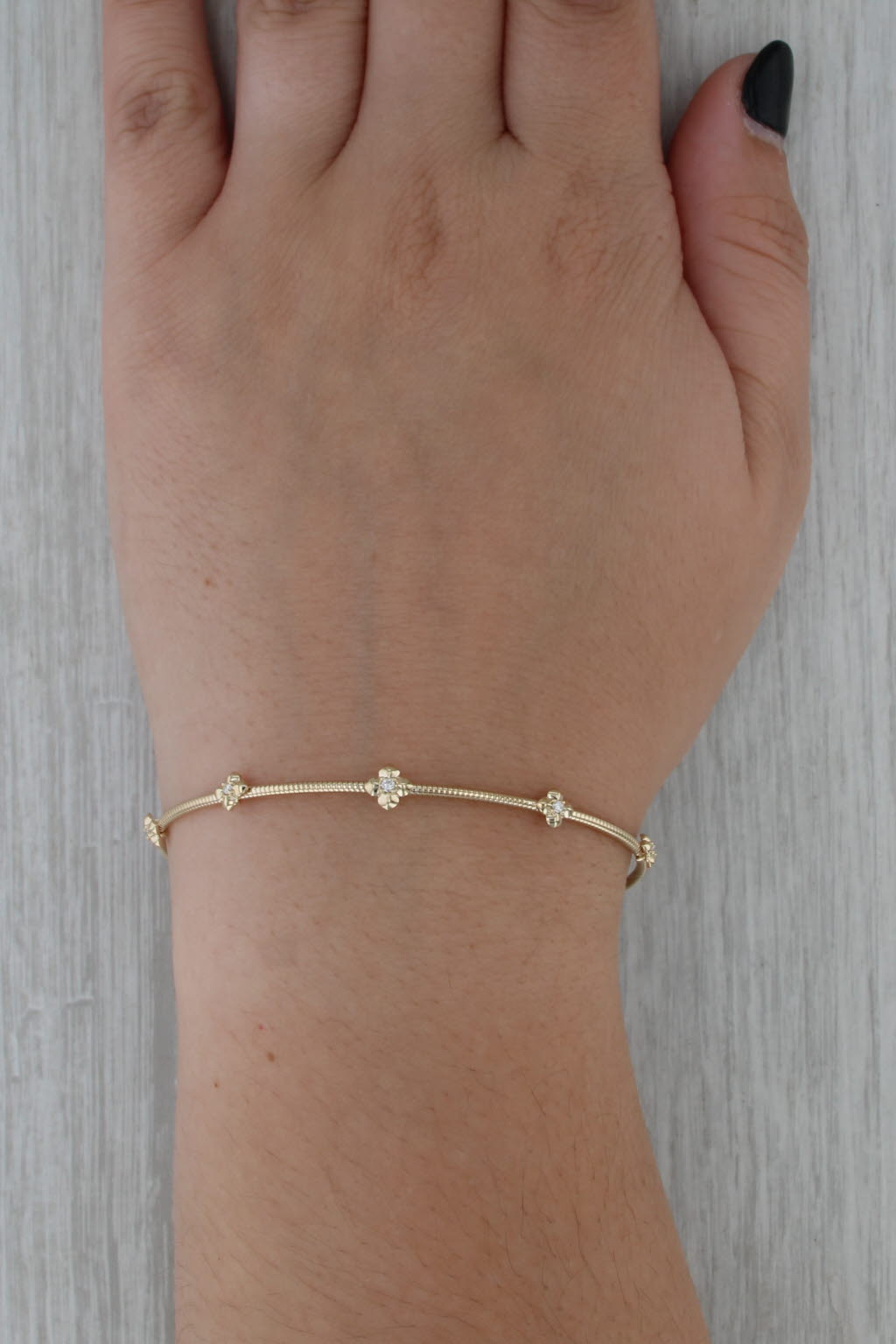 New Diamond Flower Flexible Bangle Bracelet 14k Yellow Gold 6.75"