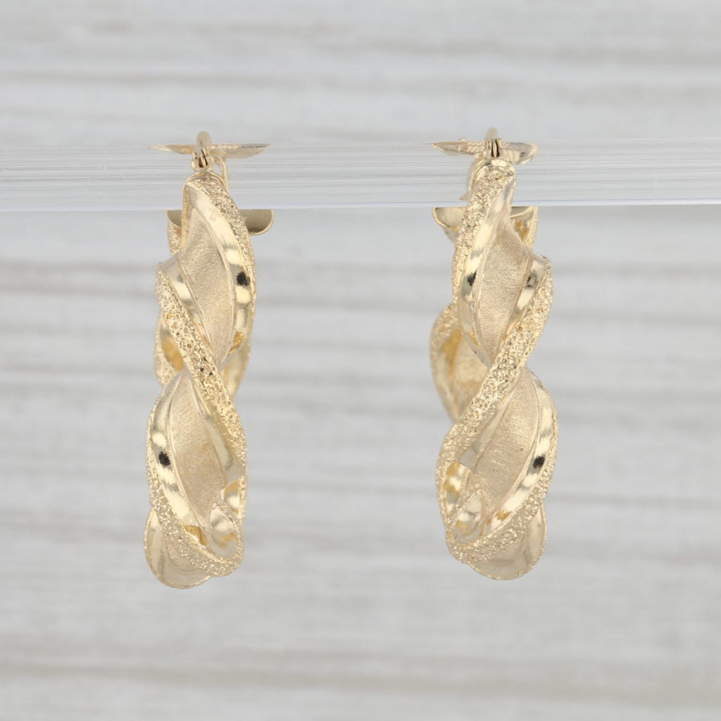 Gray New Twist Brushed Hoop Earrings 14K Yellow Gold Round Hoops Pierced Snap Top