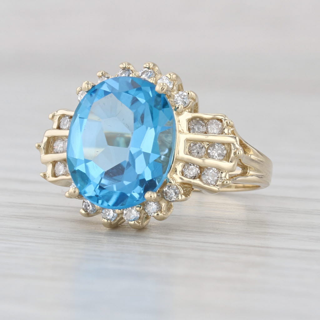 5.58ctw Oval Blue Topaz Diamond Halo Ring 14k Yellow Gold Size 6