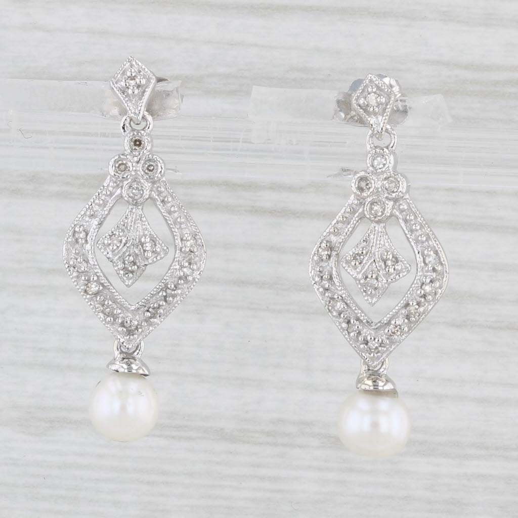Light Gray Cultured Pearl Diamond Dangle Earrings 10k White Gold Vintage Style Drops