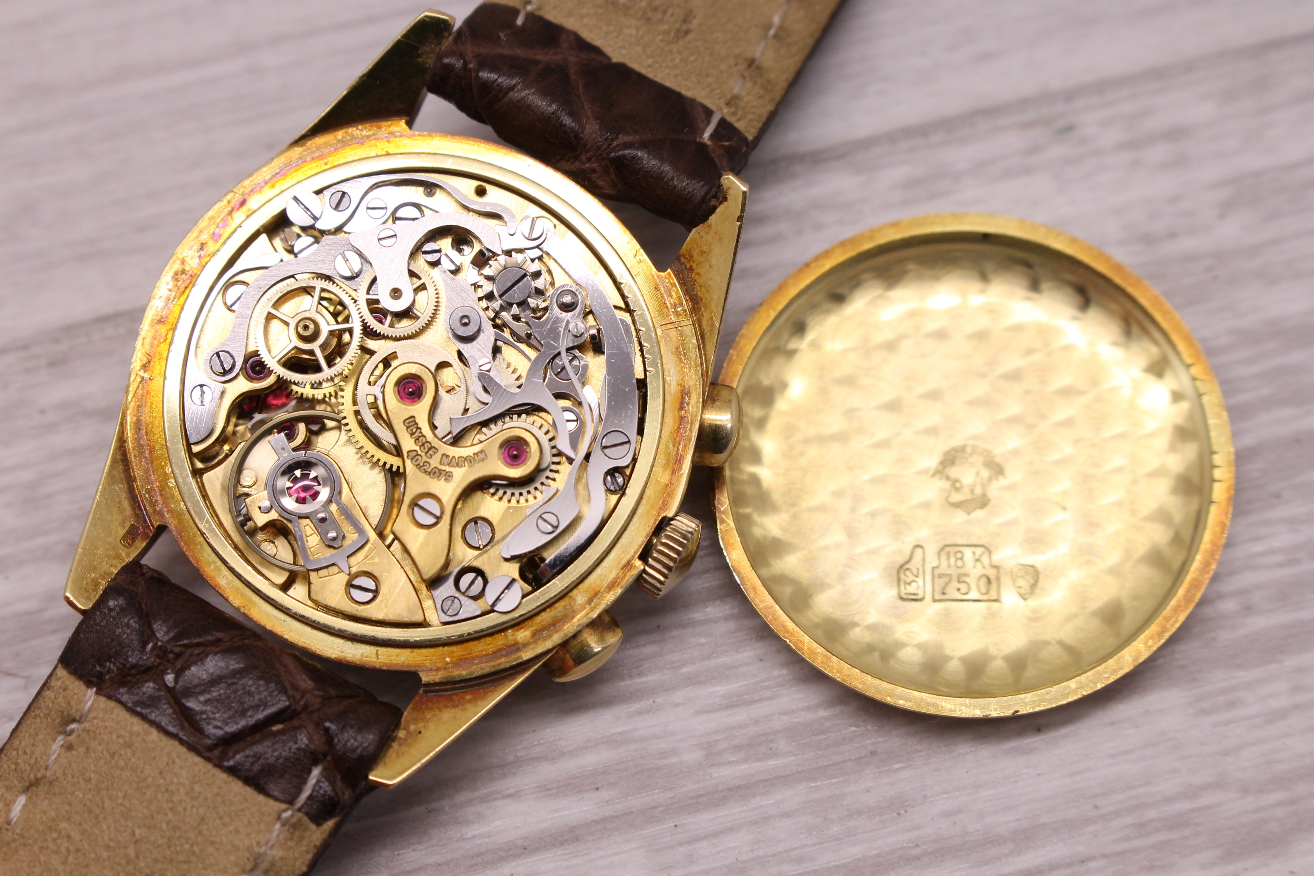 Tan Vintage Ulysse Nardin 18k Gold 28mm Baby Chronongraph Valjoux 69 by Tourneau
