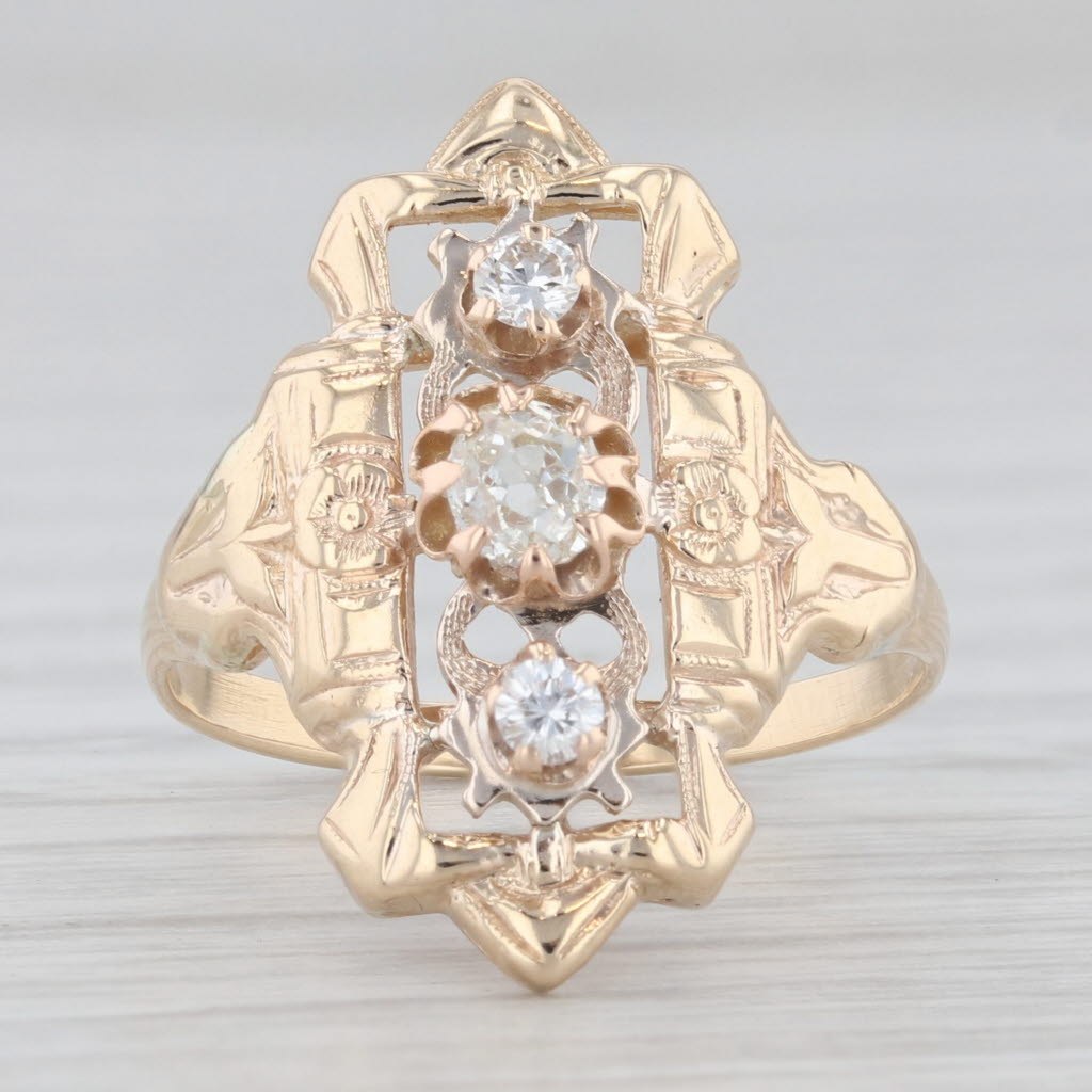Light Gray Antique 0.26ctw 3-Stone Diamond Ring 14k Yellow Gold Openwork Size 6