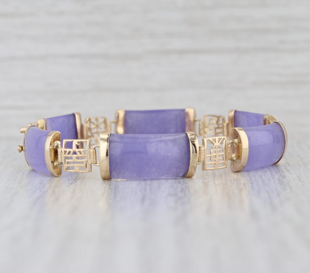 Lavender Jadeite Jade Link Bracelet 14k Yellow Gold 6.75" Chinese Calligraphy
