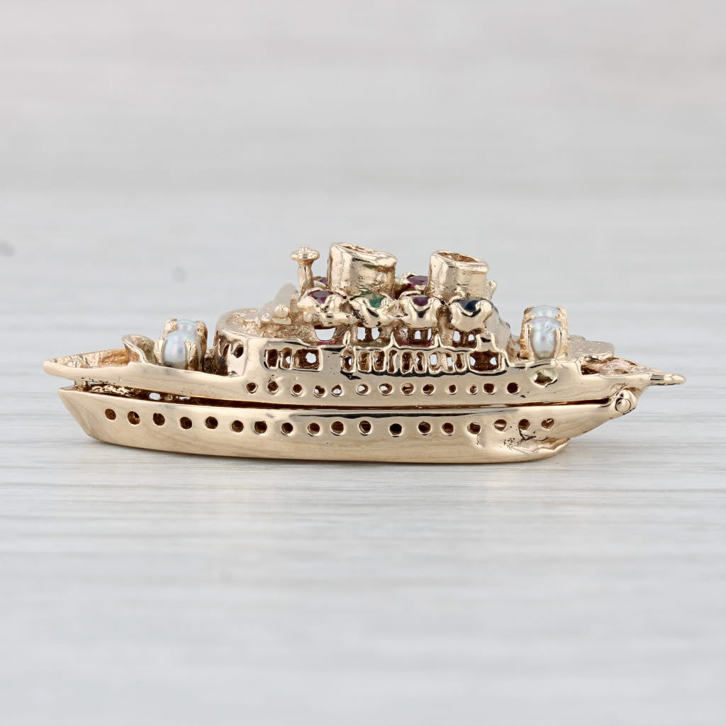 Light Gray 0.64ctw Gemstone Cruise Ship Charm 14k Yellow Gold 3D Pendant Opens Souvenir