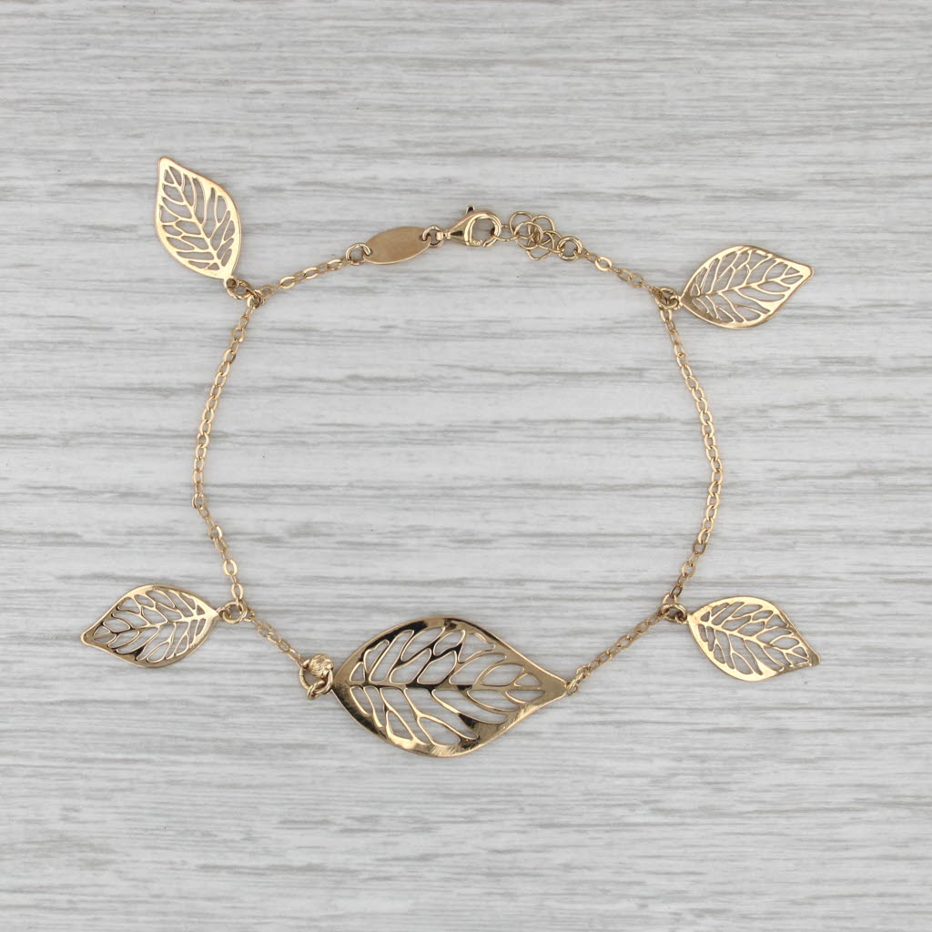 Leaf Station Charm Bracelet 18k Yellow Gold 7.25-8" Cable Chain Mayorea