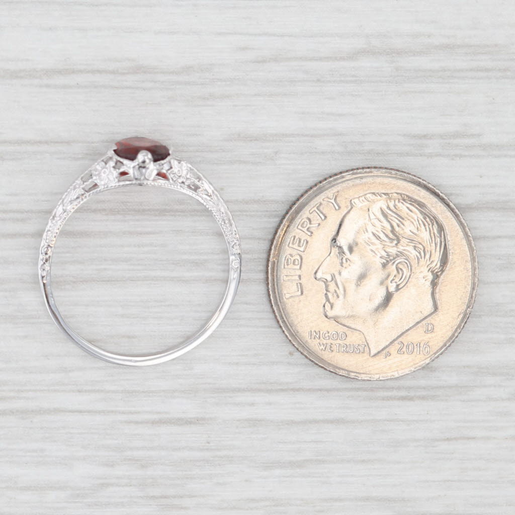 0.63ct Oval Solitaire Garnet Ring 10k White Gold Filigree Size 3.75 Vintage