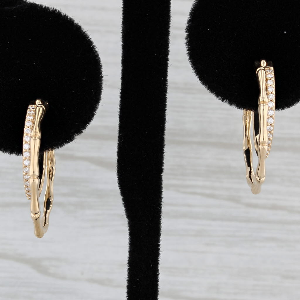 Black New 0.12ctw Diamond Bamboo Hoop Earrings 14k Yellow Gold Snap Top Round Hoops