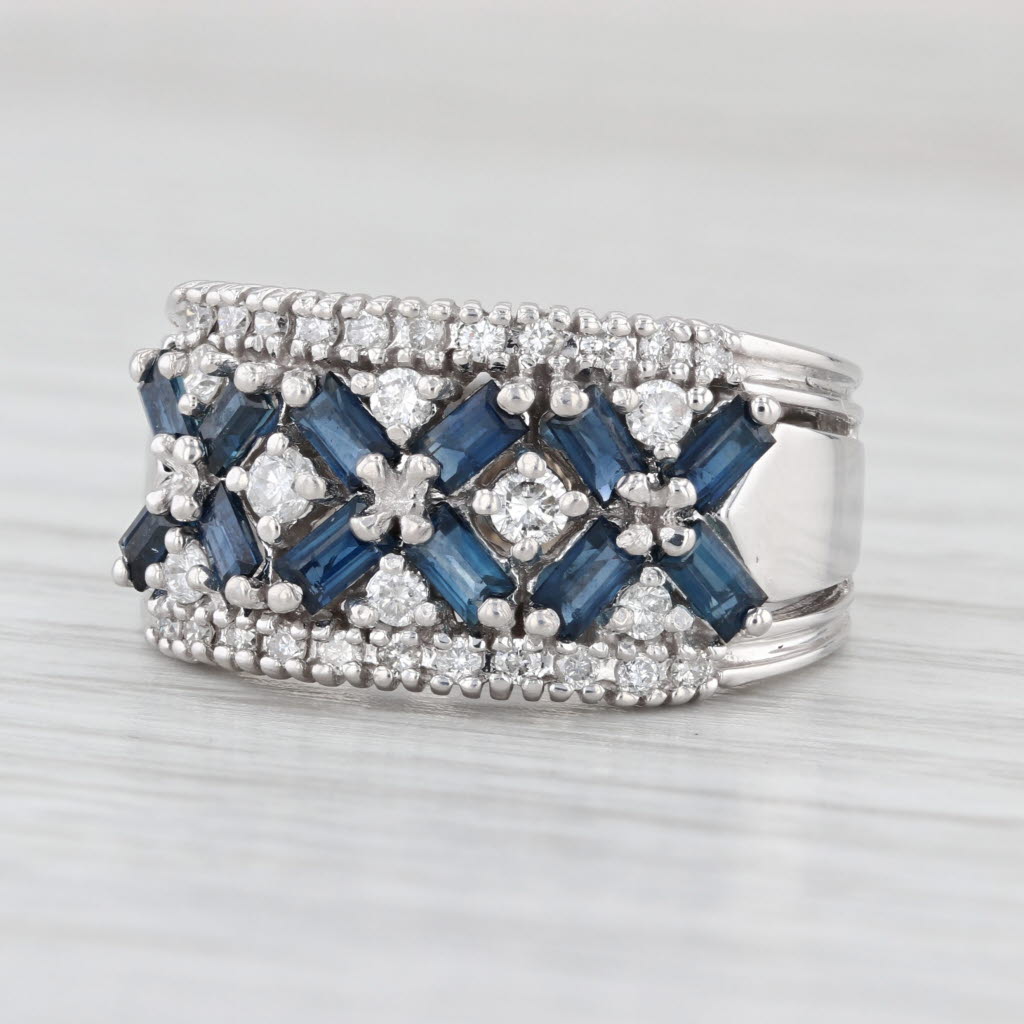 1.66ctw Blue Sapphire Diamond X Pattern Ring 14k White Gold Size 8 Cocktail