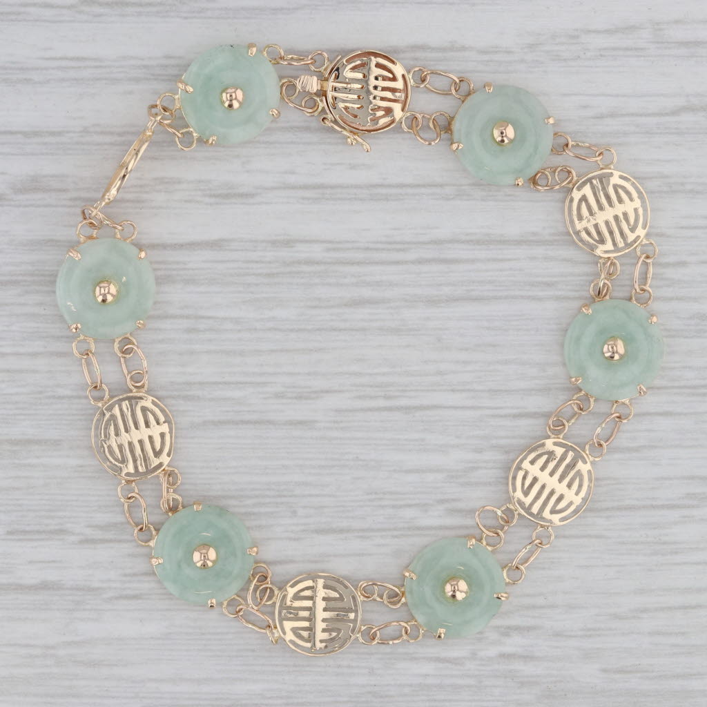 Gray Green Jadeite Jade Chinese Calligraphy Bracelet 14k Yellow Gold 7"