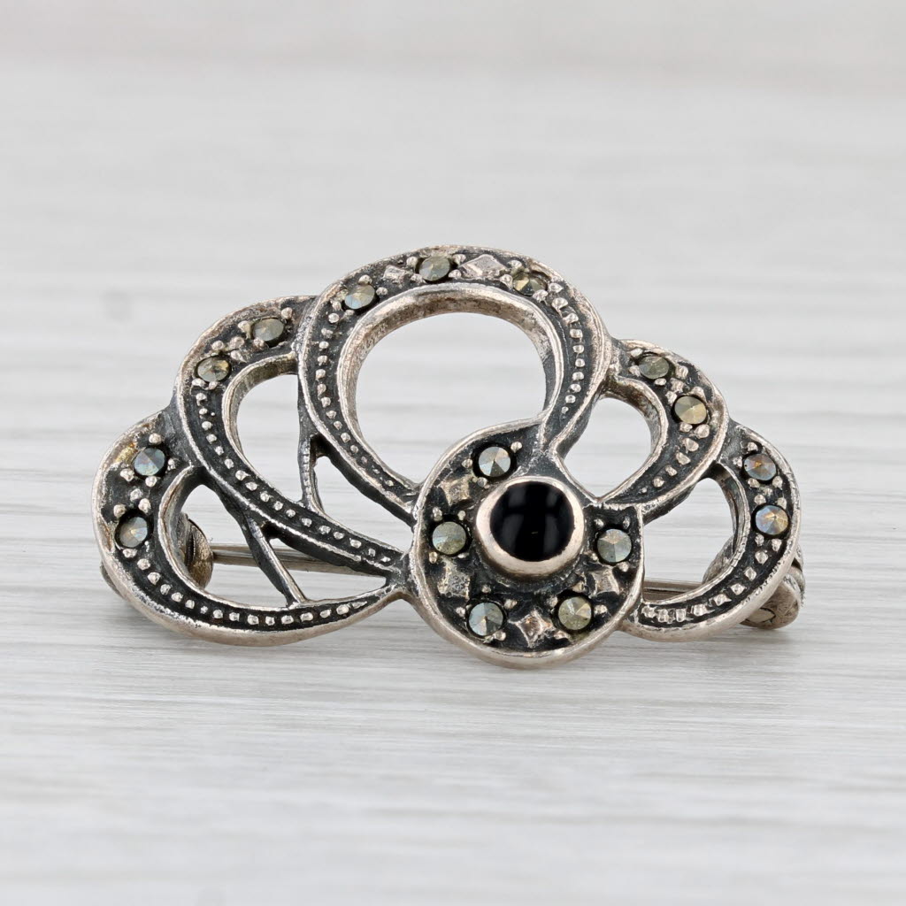 Light Gray Black Glass Marcasite Brooch Sterling Silver Vintage Pin