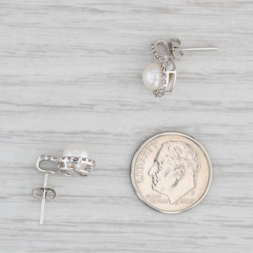 Light Gray Cultured Pearl Diamond Halo Stud Earrings 10k White Gold Pierced Studs