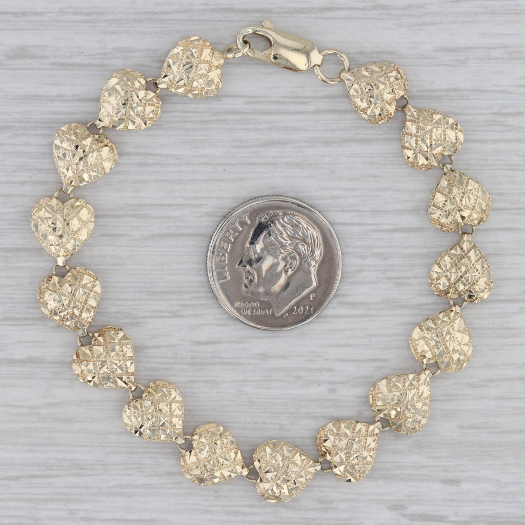 Gray Etched Heart Link Bracelet 10k Yellow Gold 6 1/2" 8.4mm