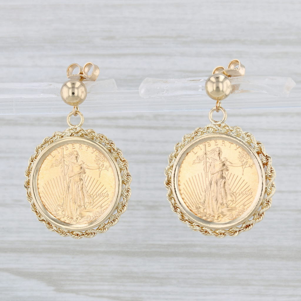 Light Gray 1994 Gold American Eagle Coin Earrings 14k 22k 1/10oz AGE Drops