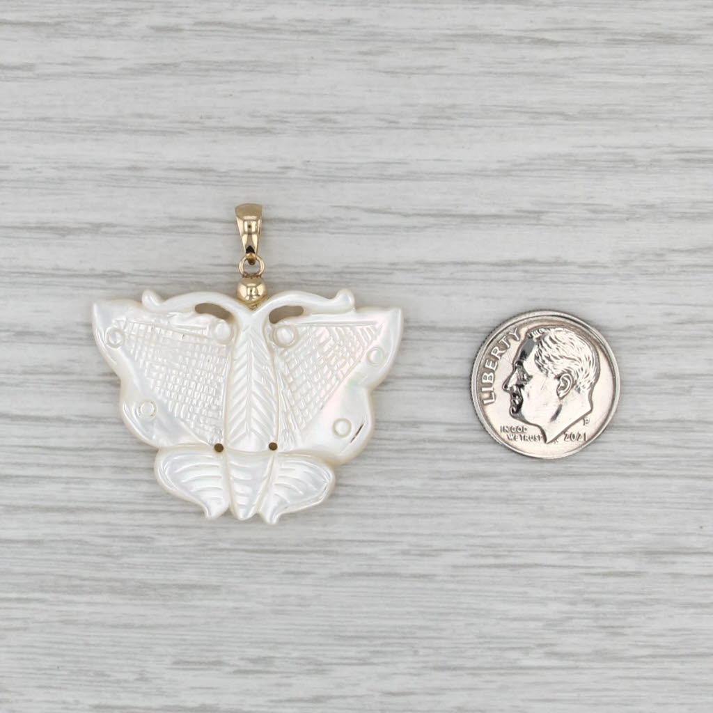 Carved Butterfly Mother of Pearl Pendant 14k Yellow Gold