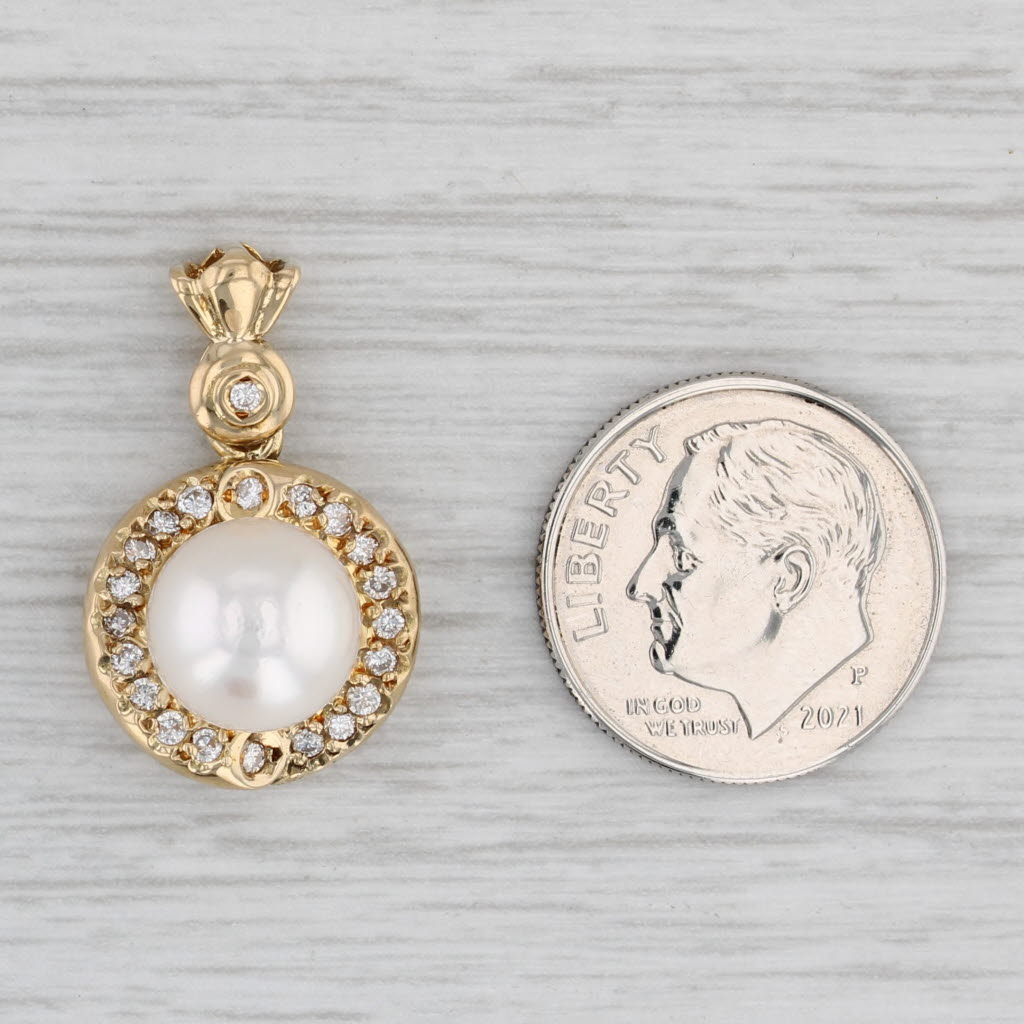 Light Gray Cultured Pearl Diamond Halo Pendant 18k Yellow Gold