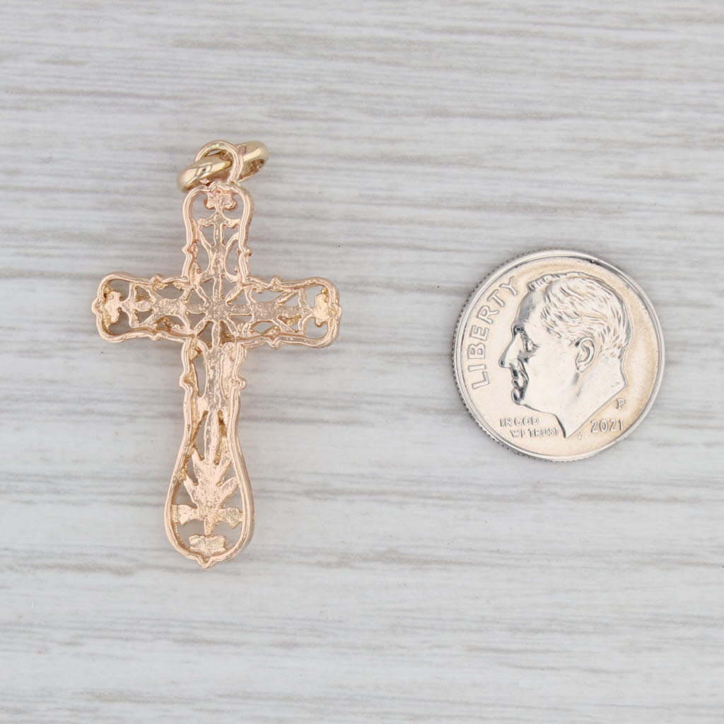 Light Gray Crucifix Cross Pendant 14k Yellow Gold Ornate Figural Religious