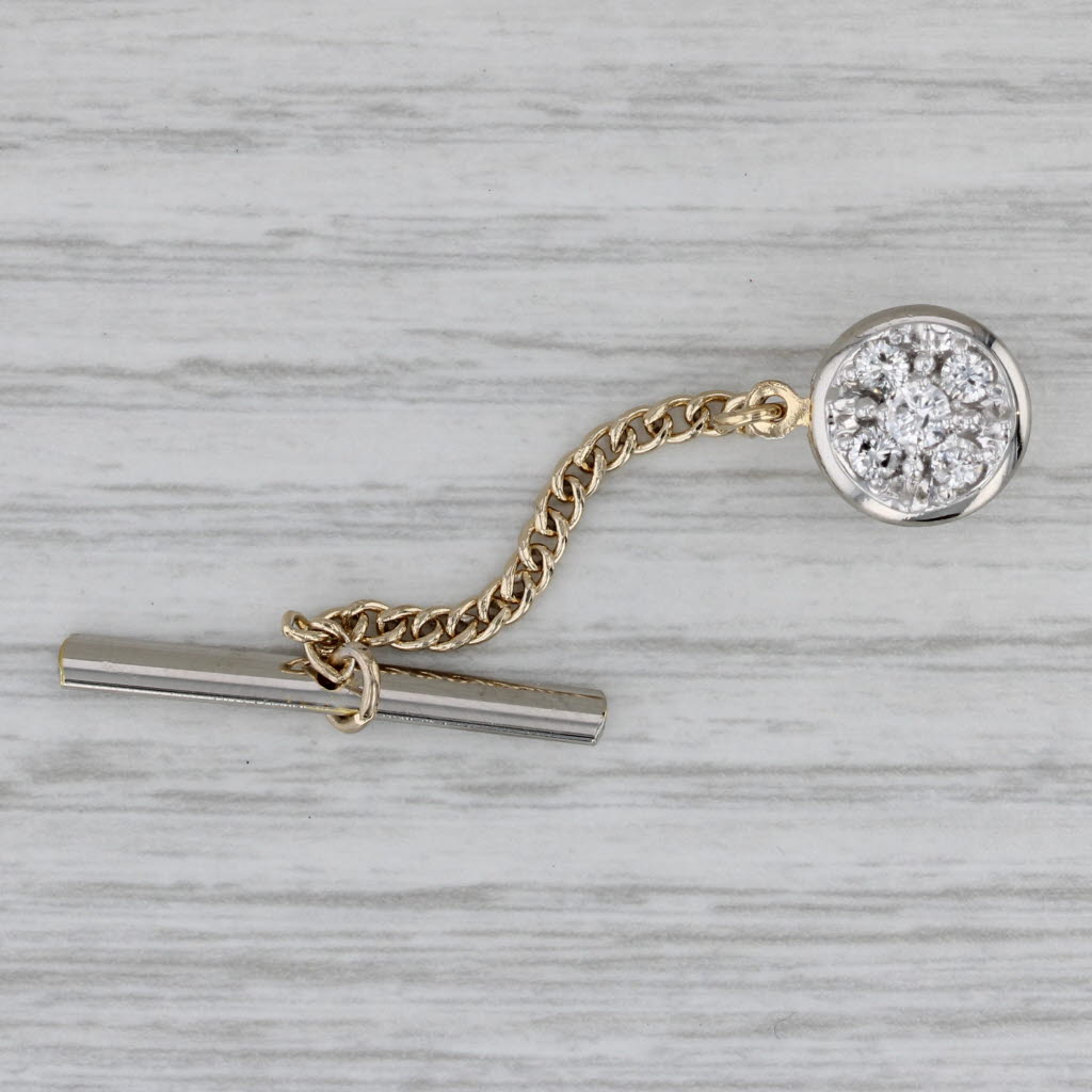 Gray 0.25ctw Diamond Cluster Tie Tac Pin 14k White Gold Push Back w/ Chain