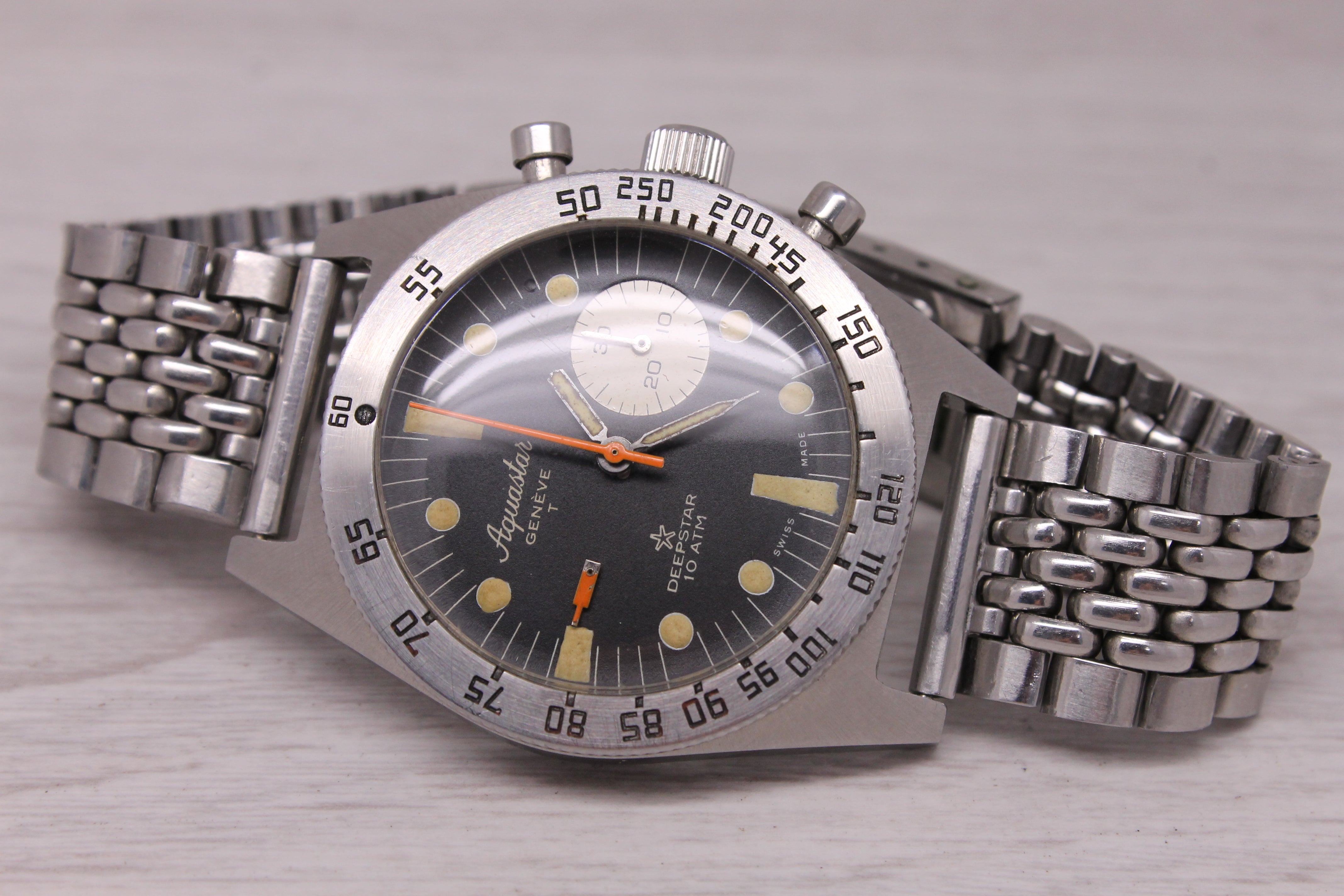 Vintage c.1970 Aquastar Deepstar Mens 38mm Steel Chronograph Watch Valjoux 92