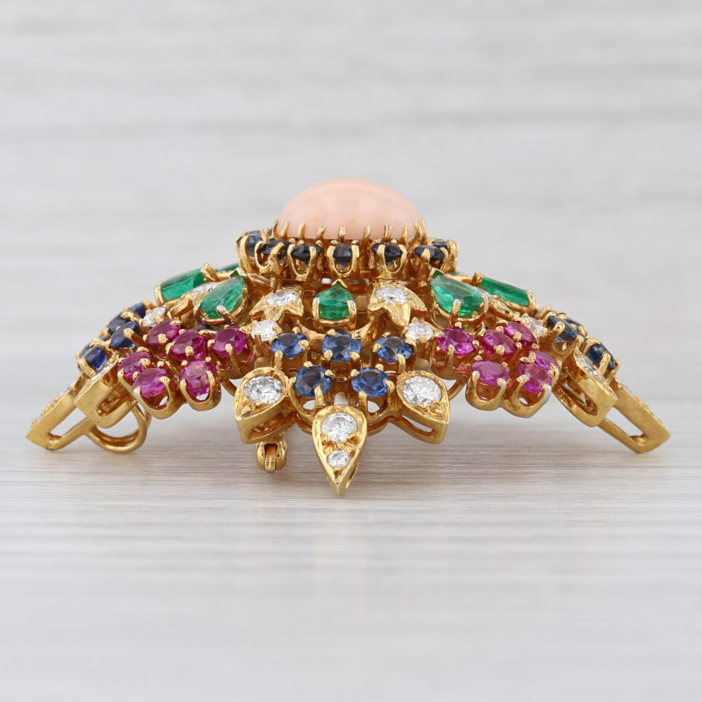 Large Gemstone Brooch Pendant 14k Gold Coral Emerald Sapphire Ruby Diamond