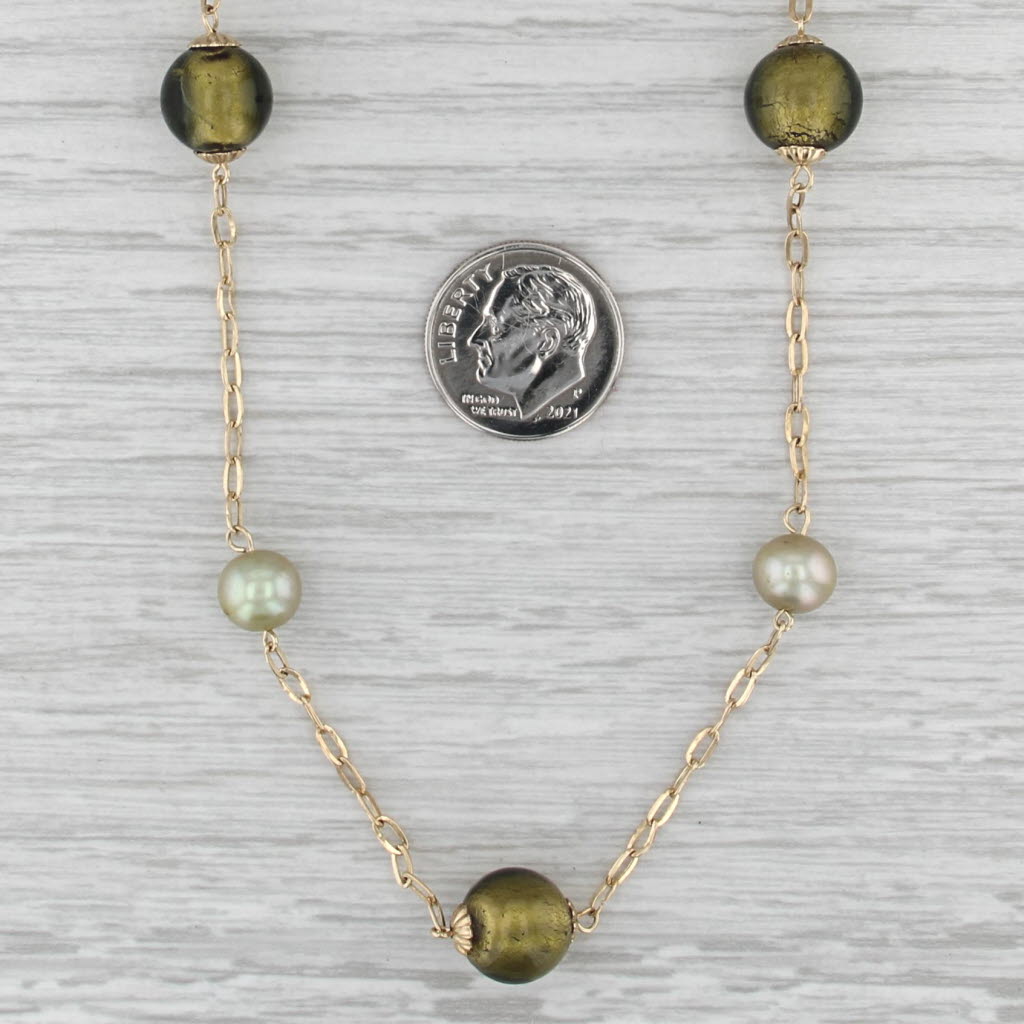 Cultured Pearl Green Glass Bead Station Necklace 14k Yellow Gold 28" Statement