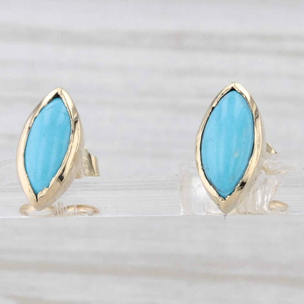 Light Gray Vintage Marquise Cabochon Turquoise Stud Earrings 14k Yellow Gold