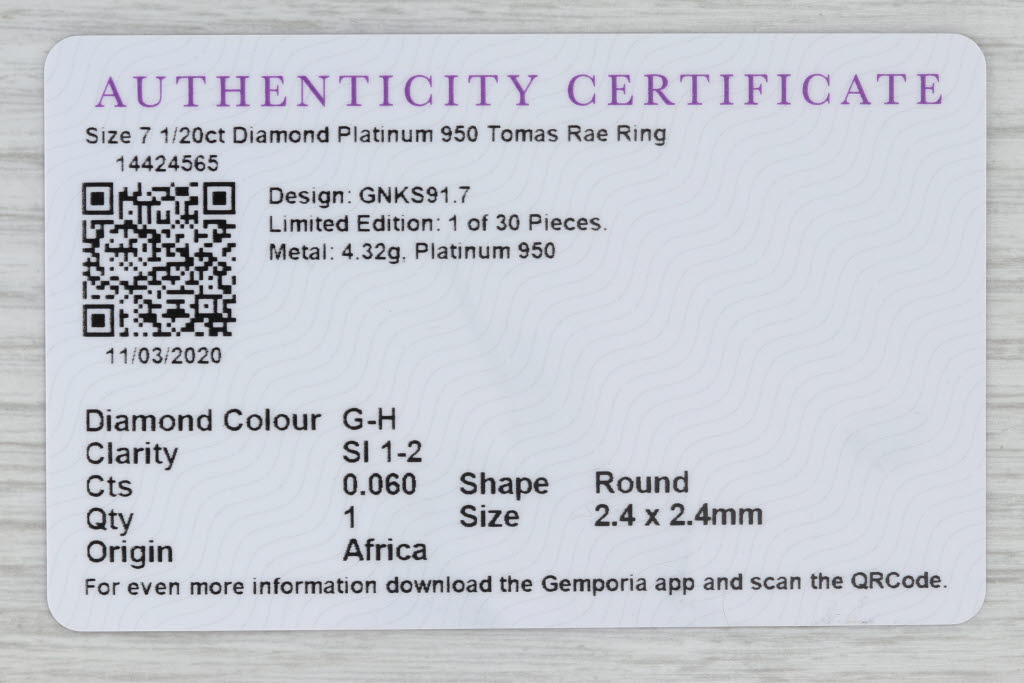 Diamond Solitaire Wedding Ring 950 Platinum Size 7.25 Band Tomas Rae COA