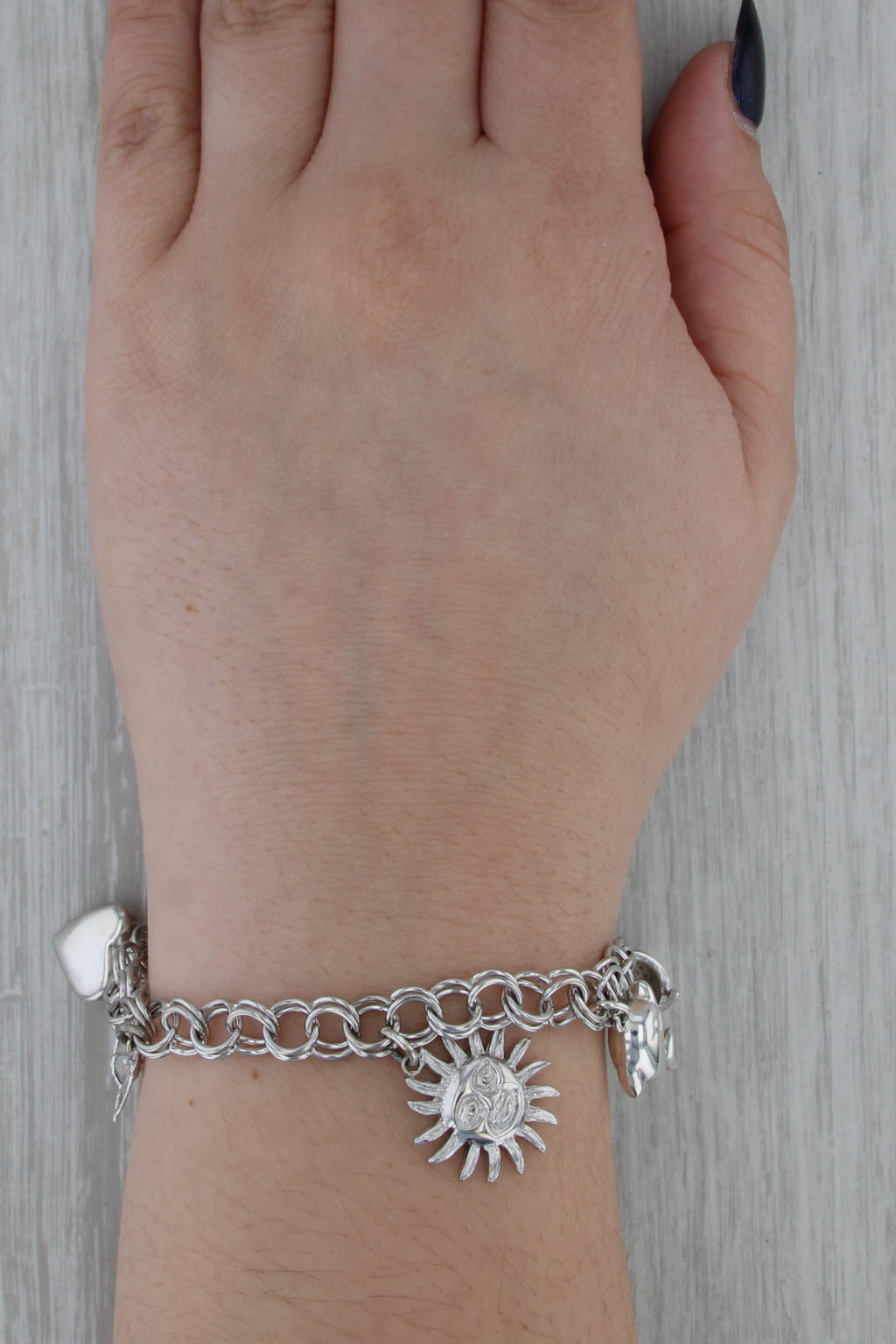 Nautical Charm Bracelet Sterling Silver Curb Chain 7.5" Sun Heart Dolphin Ship