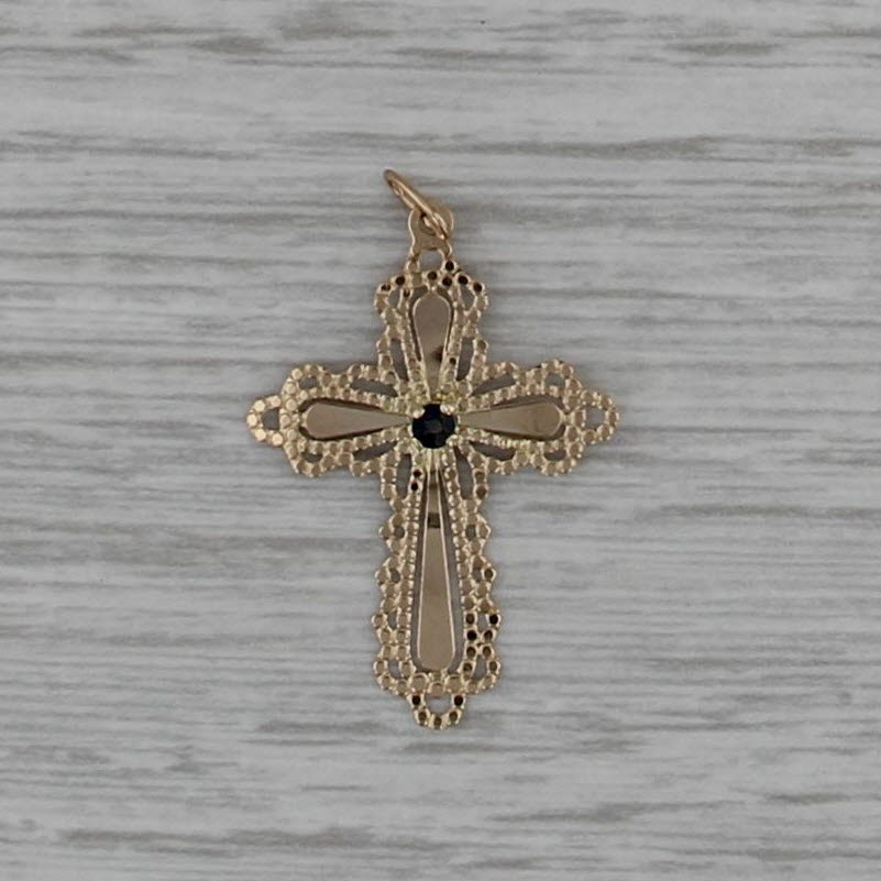 Sapphire Ornate Cross Pendant 14k Yellow Gold Thin Lightweight
