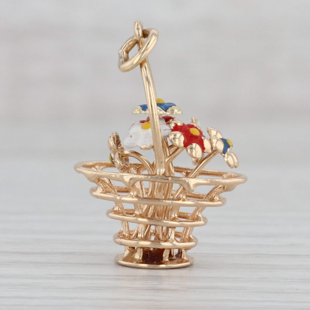 Gray Vintage Painted Flower Basket Charm 14k Yellow Gold Floral Pendant Germany