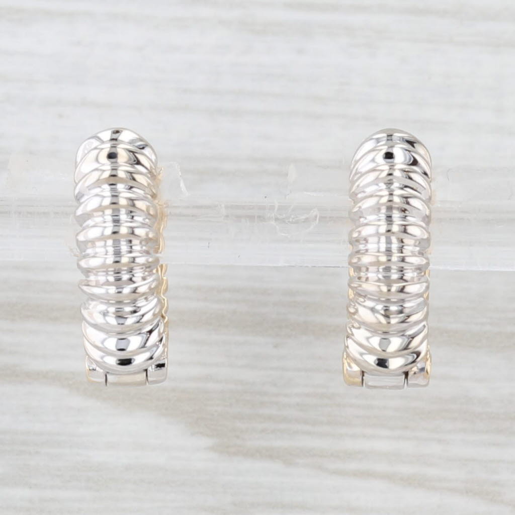 Light Gray 2-Toned Beveled Hoop Huggie Earrings 14k Gold Snap Top Hinged Round Hoops