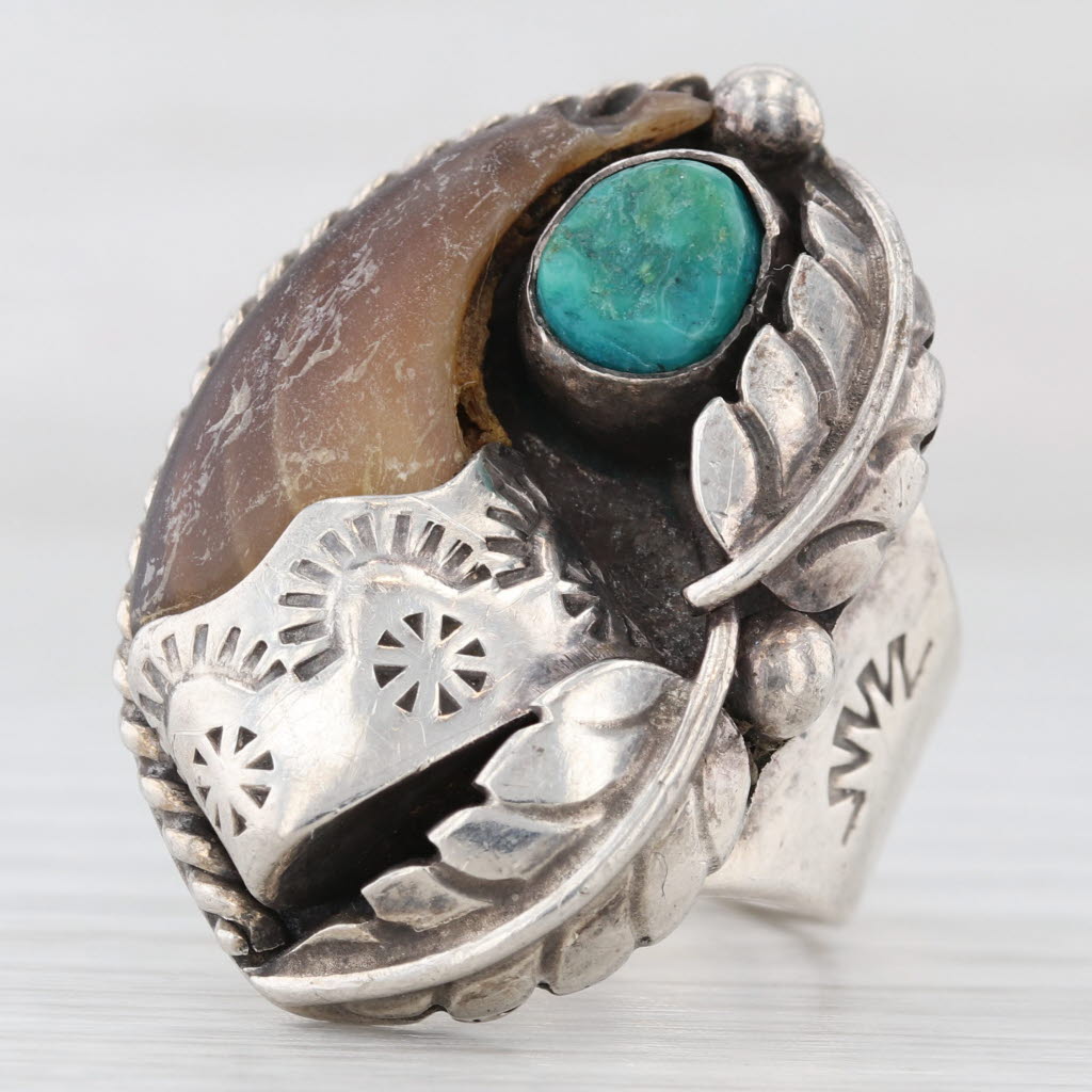 Vintage Native American Turquoise Cabochon Ring Sterling Silver Signed Size 9.5
