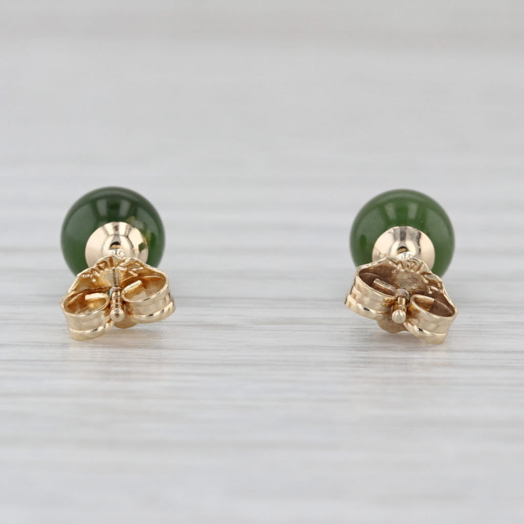Green Nephrite Jade Round Bead Stud Earrings 14k Yellow Gold Studs