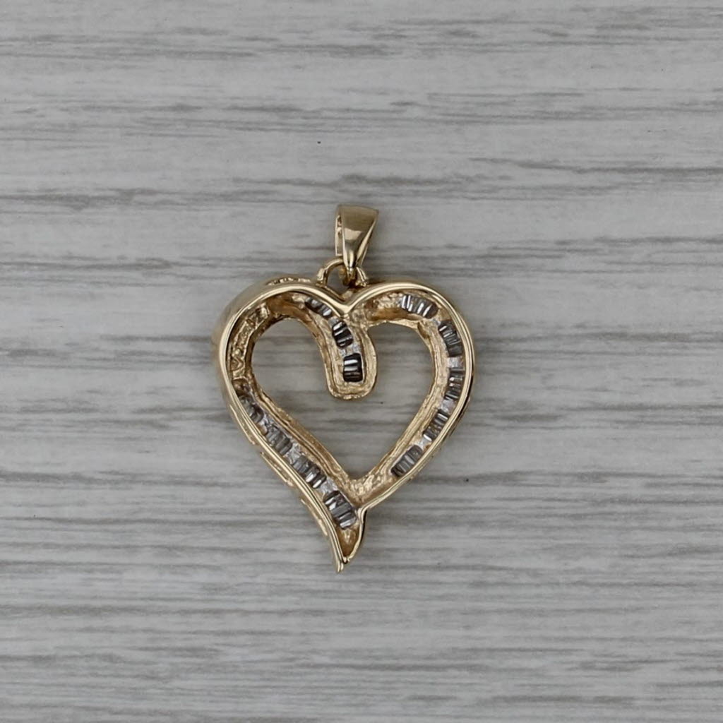 Stylized Diamond Open Heart Pendant 14k Yellow Gold Channel Set Baguettes