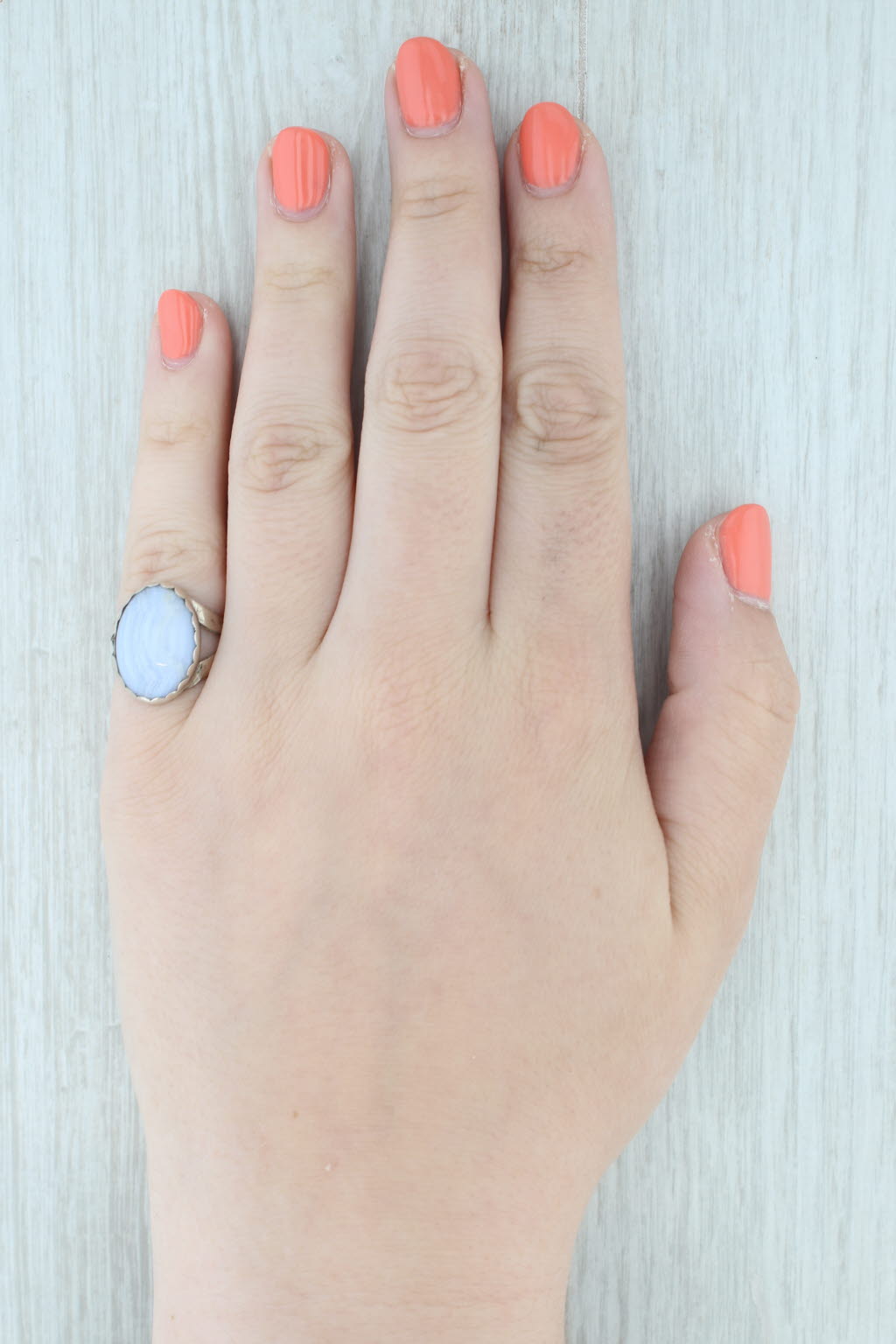 Light Gray Blue Lace Agate Oval Cabochon Solitaire Ring Sterling Silver Size 6.25 Handmade