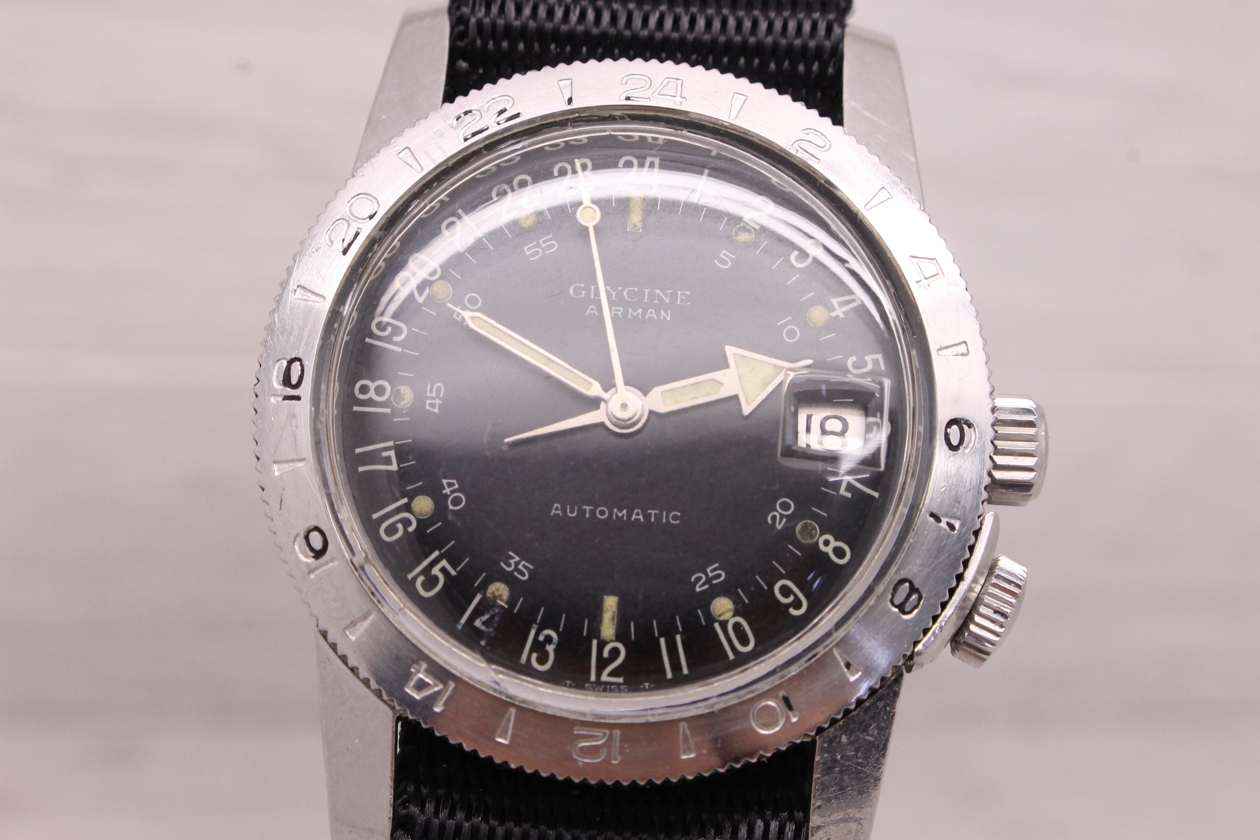 Gray Vintage 1960's Glycine Airman 36mm Steel Automatic 24 Hour Mens Watch