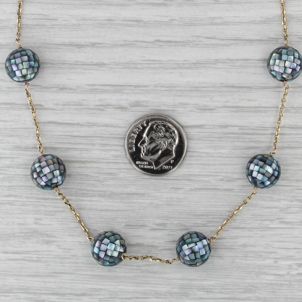 Mother of Pearl Mosaic Bead Station Necklace 14k Yellow Gold 16" Cable Chain