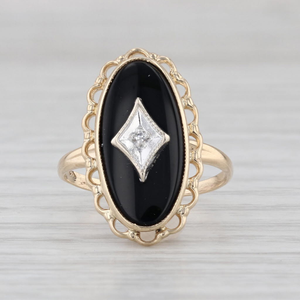 Vintage Onyx Diamond Signet Ring 10k Yellow Gold Size 4.75